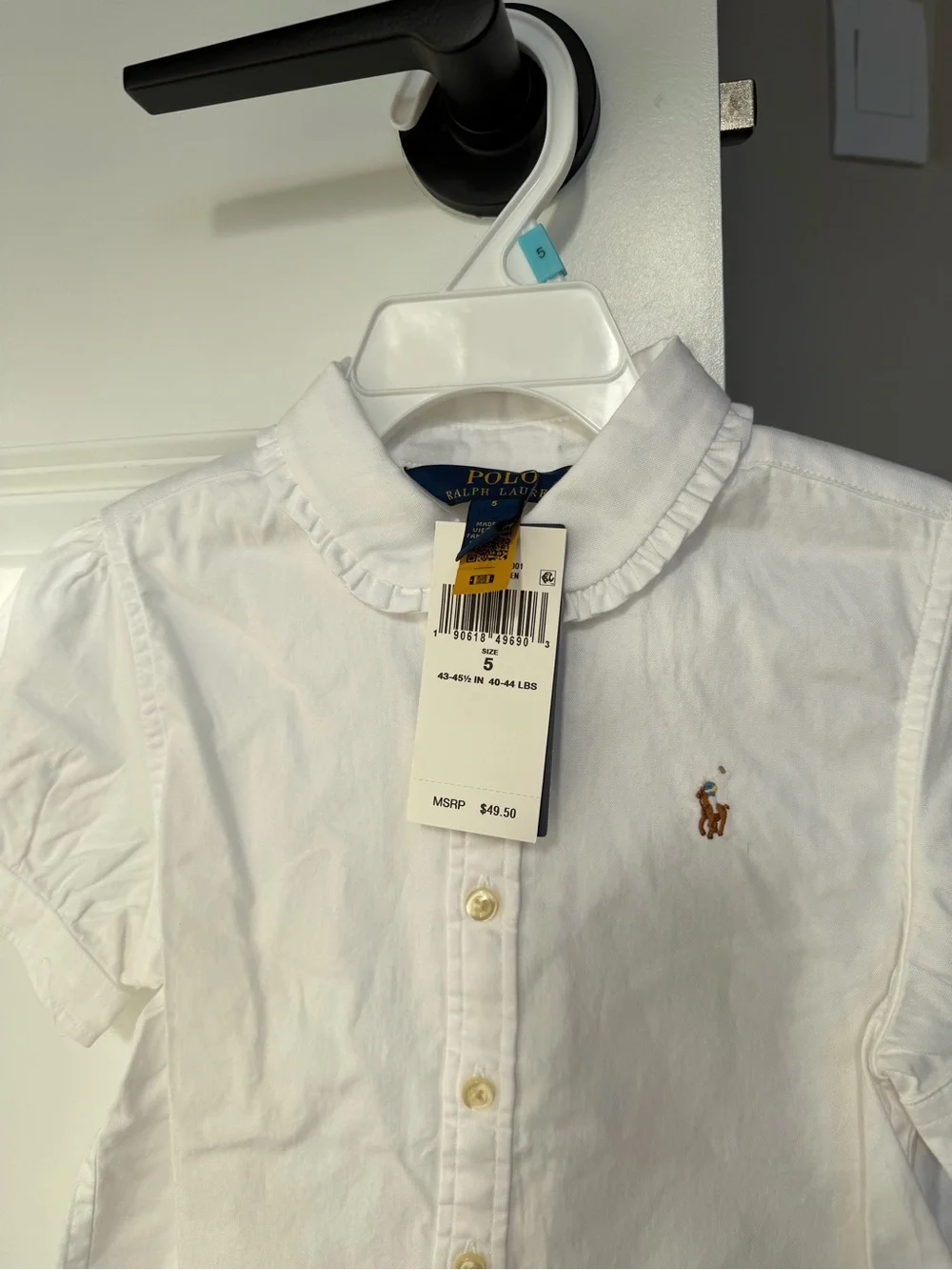 Ralph Lauren White Short-Sleeve Ruffle Collar Button-Down Shirt